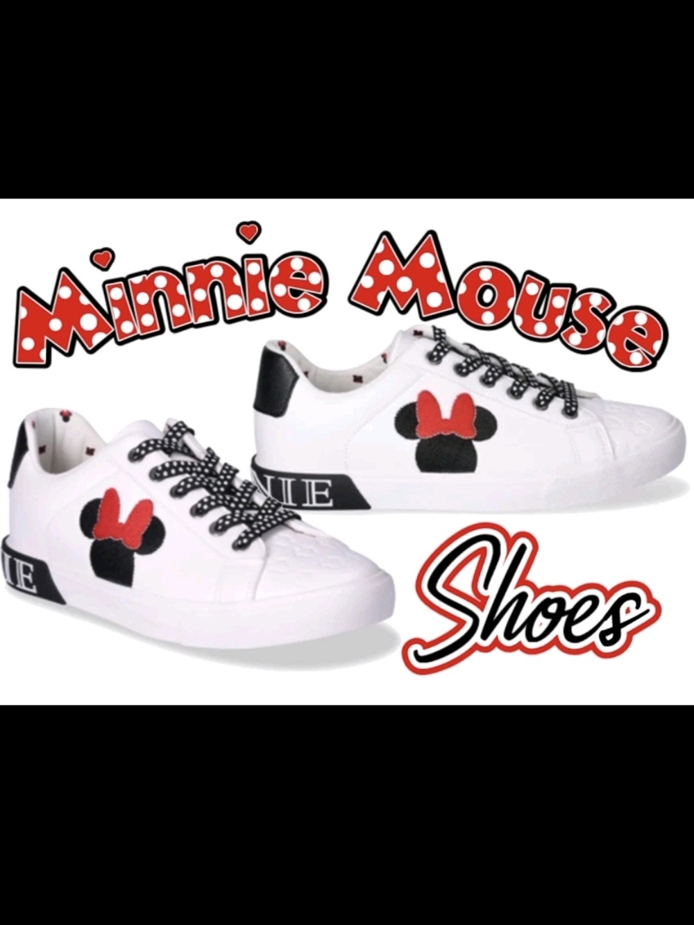 White Minnie Mouse Accent Sneakers with Black & Red Details